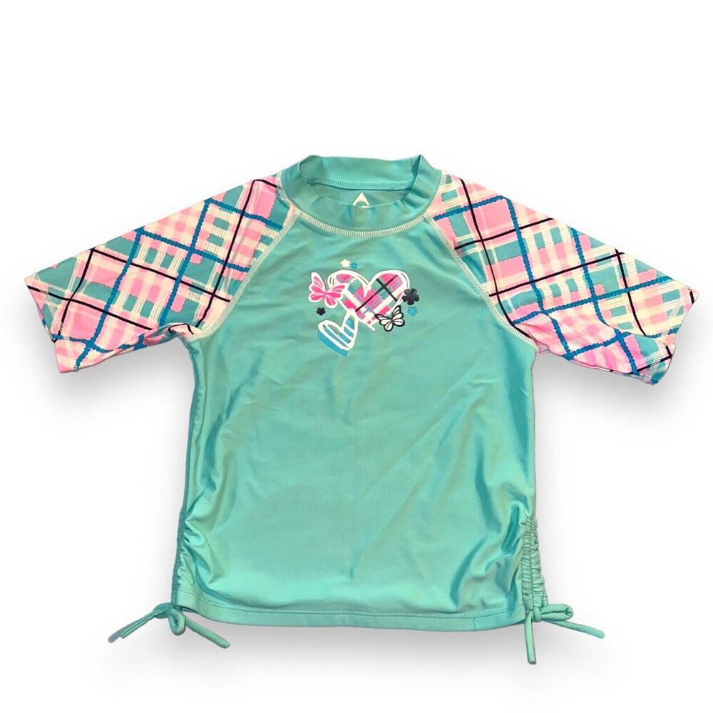 Gerry Girls Rash Guard Swim Top Short Sleeve Plaid Heart Butterfly Pattern Sz 8